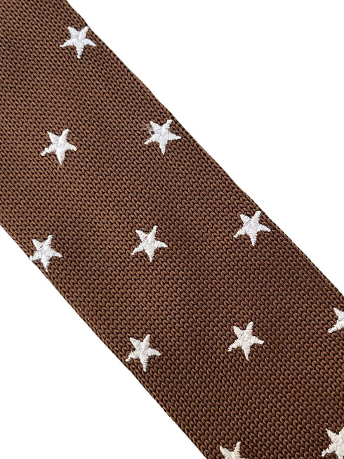chocolate coffee brown knitted tie with embroidered white stars